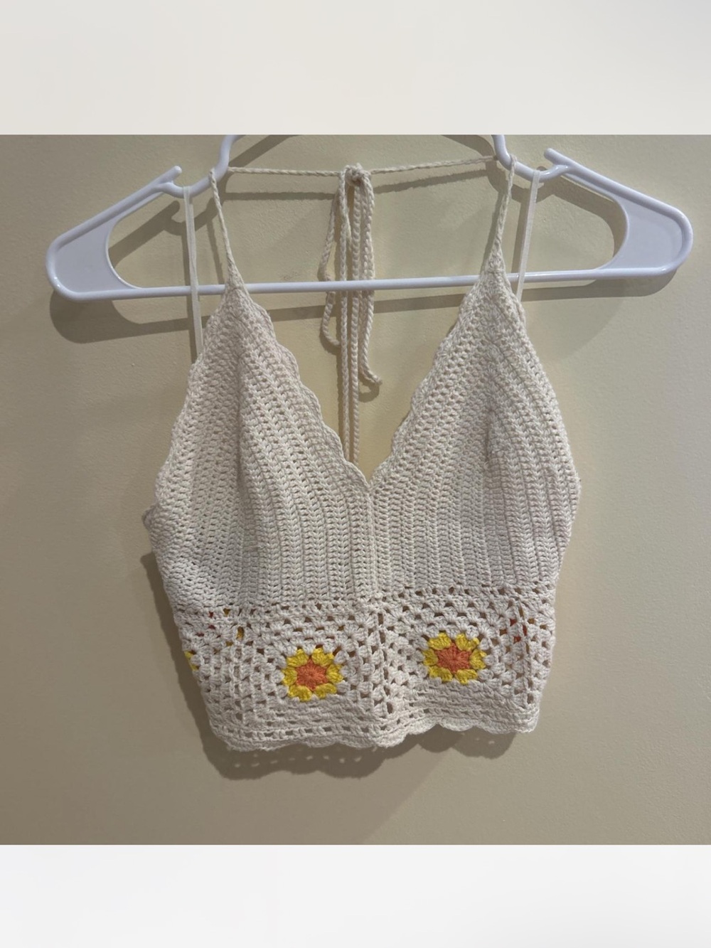 Cream Crochet Halter Crop Top with Yellow Floral Accent